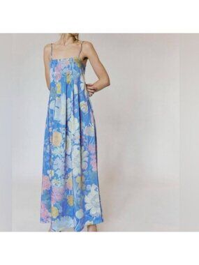 Free People Botanical Maxi Dress Whimsical Boho Chic Garden Fairy Blue Womens XS